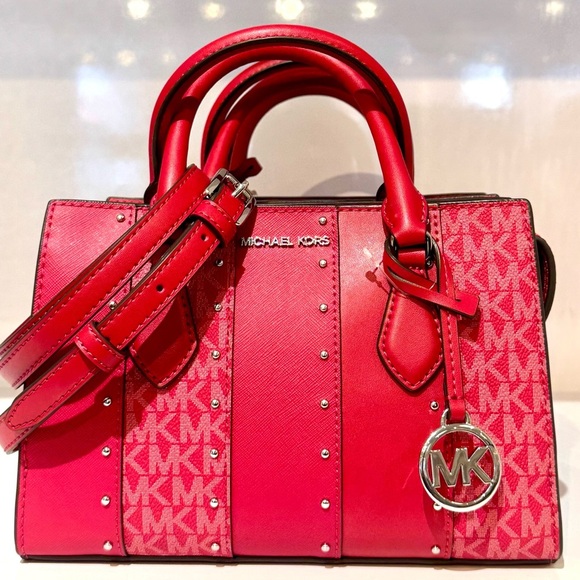 Michael Kors Sheila Small Studded Signature Logo Satchel Dark Raspberry Multi - Picture 2 of 10